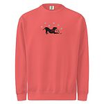 Watermelon crewneck sweatshirt shown flat on a white background, embroidered with a black pitbull silhouette in a play bow with a red scarf, holding a string of Christmas lights under white snowflakes
