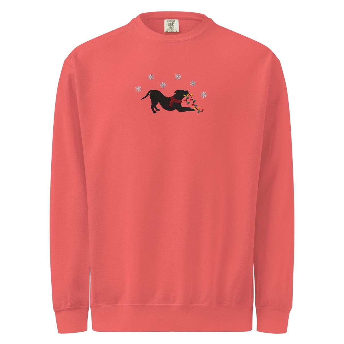 Pitbull Christmas Lights Sweatshirt – Watermelon Watermelon crewneck sweatshirt shown flat on a white background, embroidered with a black pitbull silhouette in a play bow with a red scarf, holding a string of Christmas lights under white snowflakes