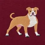 Close-up of the raised pit bull embroidery with a fawn coat, white chest and white paws