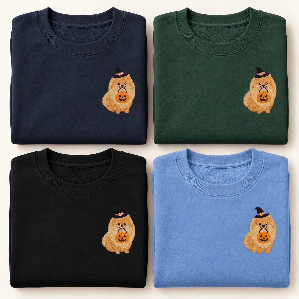 Pomeranian Halloween Sweatshirt Colors Pomeranian Halloween sweatshirt in Navy, Forest Green, Black and Carolina Blue