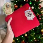 Santa hat dog sweatshirt in red with an embroidered golden retriever portrait made from the dog photo shown beside it