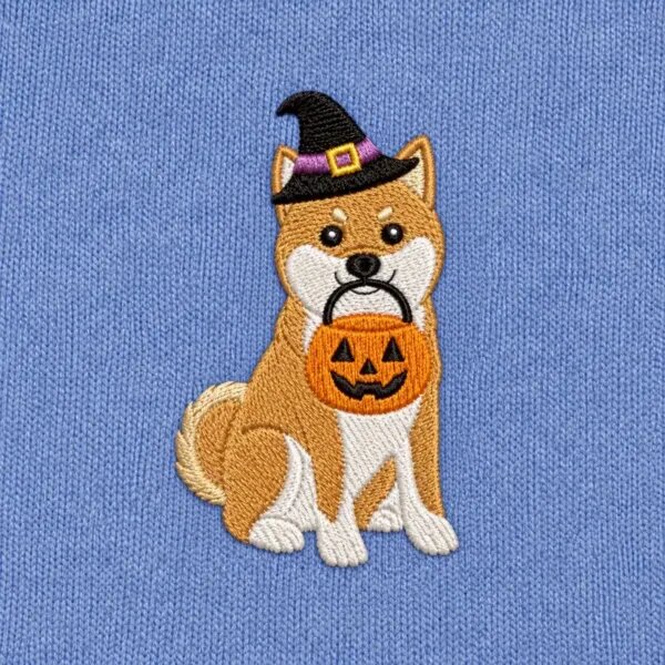 Close-up of the embroidered Shiba Inu in a witch hat with a jack-o'-lantern candy bucket