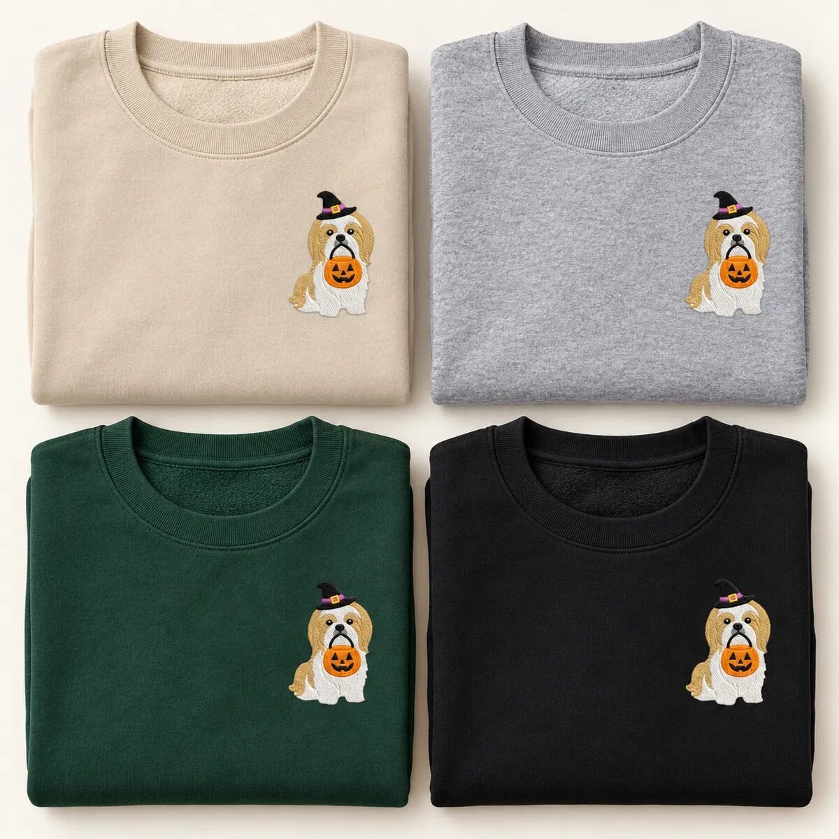 Shih Tzu Halloween Sweatshirt Colors Shih Tzu Halloween sweatshirt in Sand, Sport Grey, Forest Green and Black