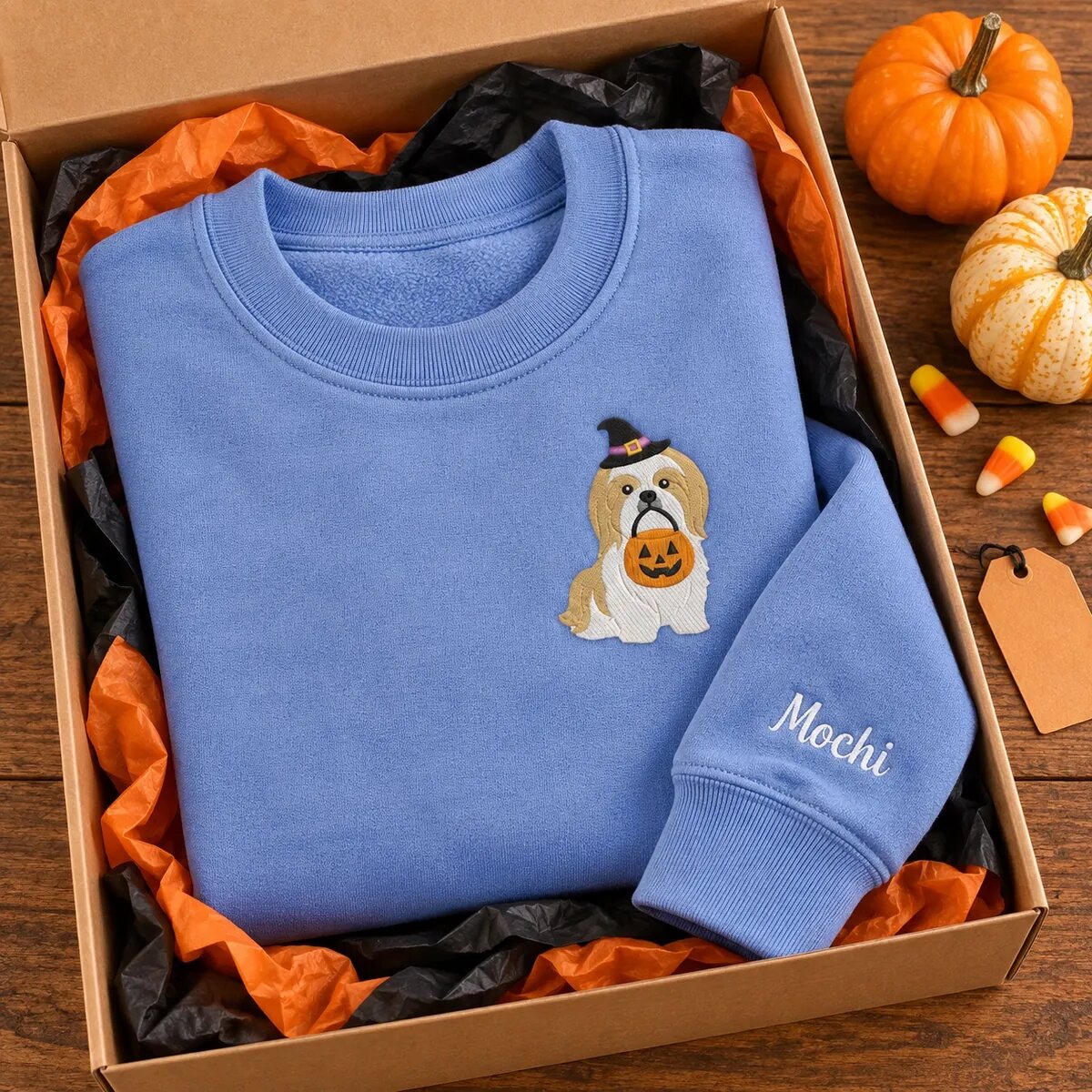 Shih Tzu Halloween Sweatshirt in a Gift Box Shih Tzu Halloween sweatshirt folded in a gift box with mini pumpkins