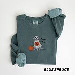 Blue Spruce crewneck sweatshirt laid flat with rolled cuffs, embroidered with a silver lab in a ghost costume, an orange pumpkin and bats