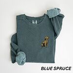Blue Spruce crewneck sweatshirt laid flat, embroidered with a small sitting golden retriever on the left chest