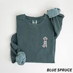 Blue Spruce crewneck sweatshirt laid flat, embroidered with a small light grey goldendoodle sitting on the left chest