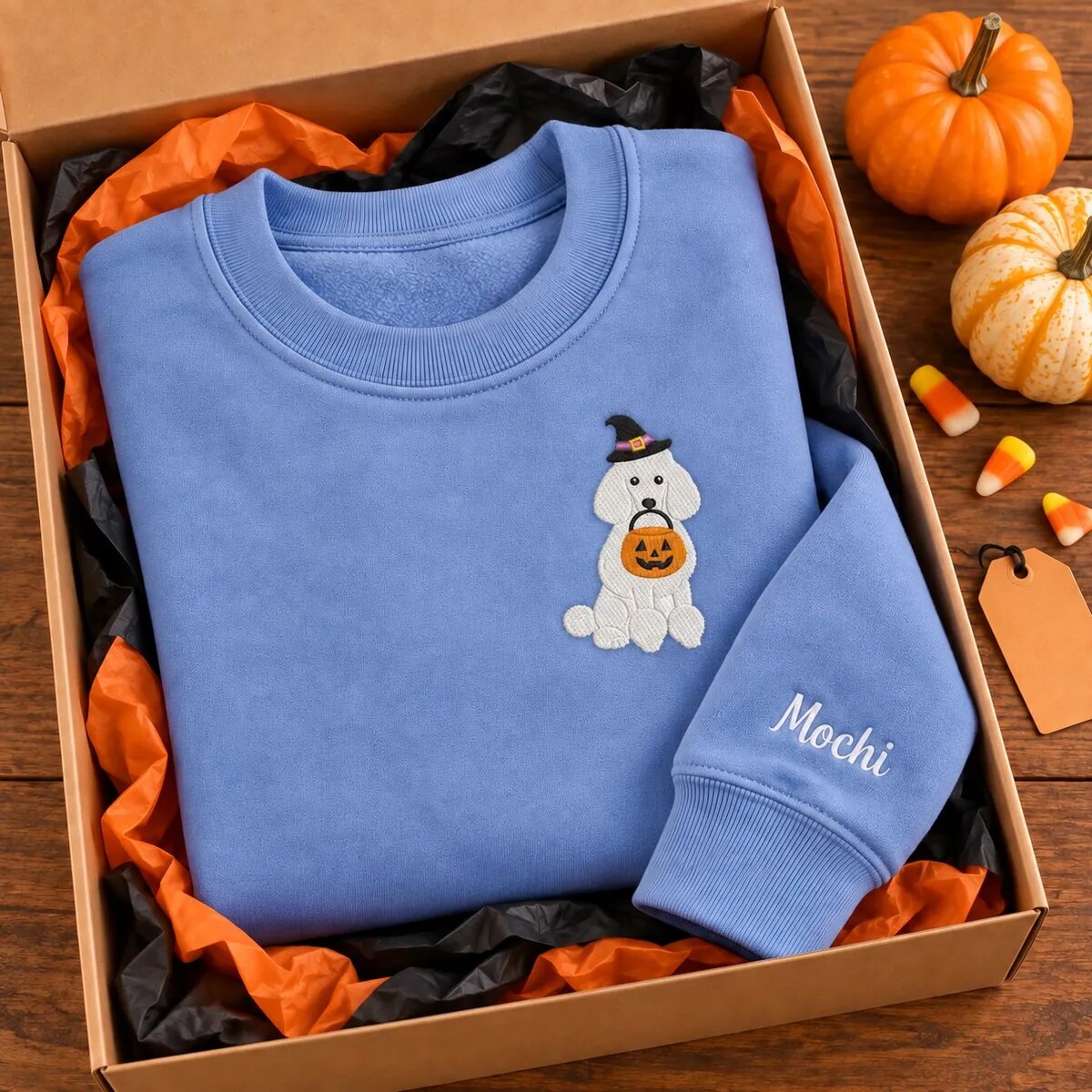 Standard Poodle Halloween Sweatshirt in a Gift Box Standard Poodle Halloween sweatshirt folded in a gift box with mini pumpkins