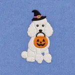 Close-up of the embroidered Standard Poodle in a witch hat with a jack-o'-lantern candy bucket
