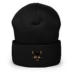 Black cuffed knit beanie with a tortoiseshell cat face, black with caramel patches, embroidered on the cuff
