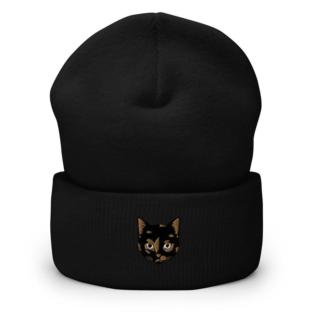 Tortie Cat Beanie Black Black cuffed knit beanie with a tortoiseshell cat face, black with caramel patches, embroidered on the cuff
