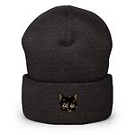 Dark Grey cuffed knit beanie with a tortoiseshell cat face, black with caramel patches, embroidered on the cuff