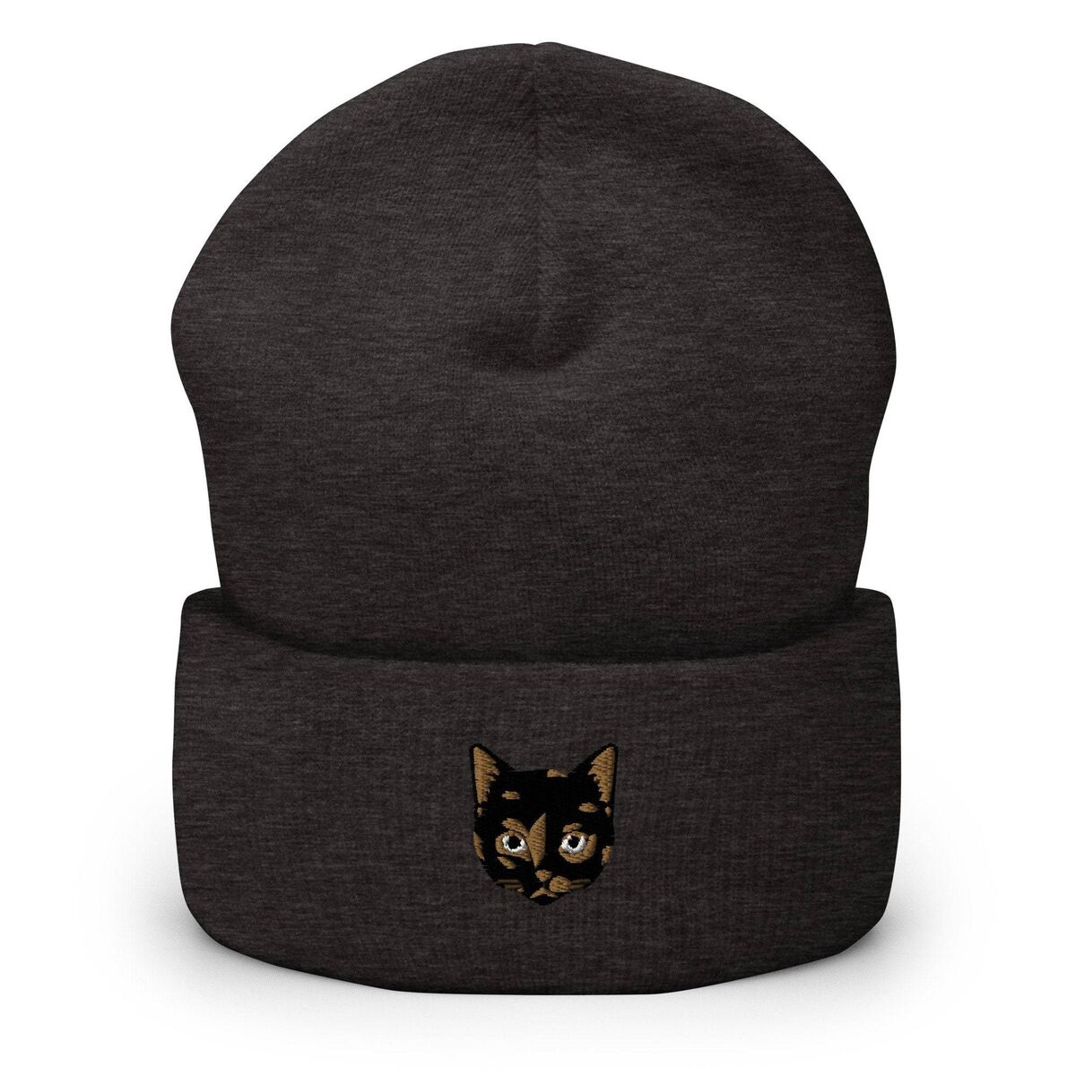 Tortie Cat Beanie Dark Grey Dark Grey cuffed knit beanie with a tortoiseshell cat face, black with caramel patches, embroidered on the cuff