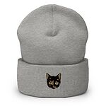 Heather Grey cuffed knit beanie with a tortoiseshell cat face, black with caramel patches, embroidered on the cuff