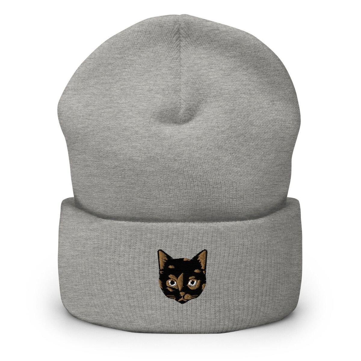 Tortie Cat Beanie Heather Grey Heather Grey cuffed knit beanie with a tortoiseshell cat face, black with caramel patches, embroidered on the cuff