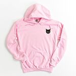Light Pink pullover hoodie laid flat on white, embroidered with a small tortoiseshell cat face, black with golden caramel patches, on the left chest