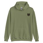 Military Green pullover hoodie laid flat on white, embroidered with a small tortoiseshell cat face, black with golden caramel patches, on the left chest