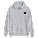 Sport Grey pullover hoodie laid flat with the hood up and a front pocket, embroidered with a small tortoiseshell cat face, black with golden caramel patches, on the left chest