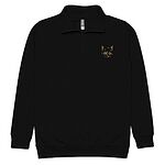 Black quarter zip pullover laid flat on white, embroidered with a small tortoiseshell cat face, black with golden caramel patches, on the left chest