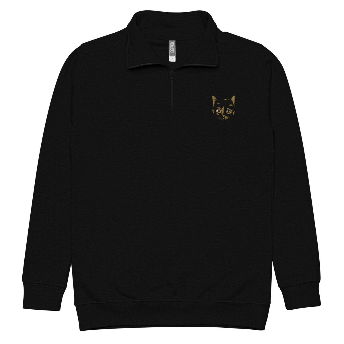 Tortoiseshell Cat Quarter Zip – Black Black quarter zip pullover laid flat on white, embroidered with a small tortoiseshell cat face, black with golden caramel patches, on the left chest