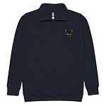 Navy quarter zip pullover laid flat on white, embroidered with a small tortoiseshell cat face, black with golden caramel patches, on the left chest
