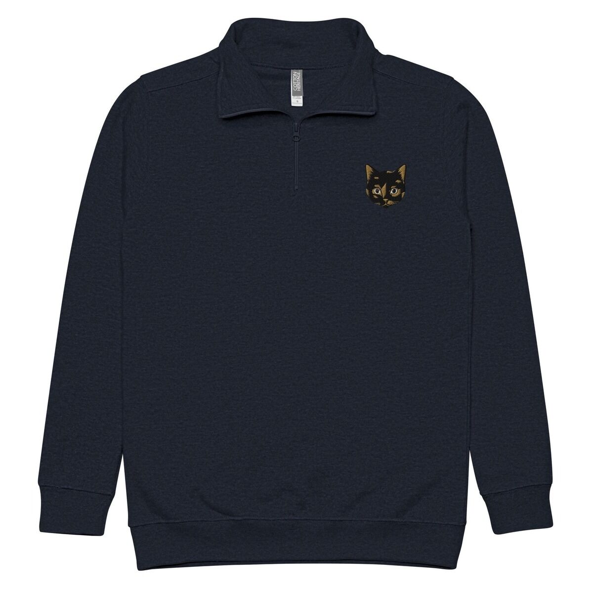 Tortoiseshell Cat Quarter Zip – Navy Navy quarter zip pullover laid flat on white, embroidered with a small tortoiseshell cat face, black with golden caramel patches, on the left chest