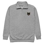 Front of a heather grey quarter zip pullover laid flat, with a small tortoiseshell cat face, black with golden caramel patches, embroidered on the left chest