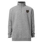 Heather grey quarter zip pullover with the collar zipped up, shown at an angle, embroidered with a small tortoiseshell cat face on the left chest