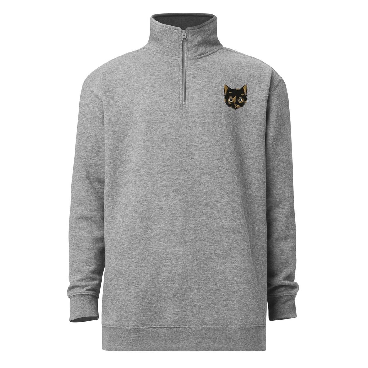 Tortoiseshell Cat Quarter Zip - zip collar Heather grey quarter zip pullover with the collar zipped up, shown at an angle, embroidered with a small tortoiseshell cat face on the left chest