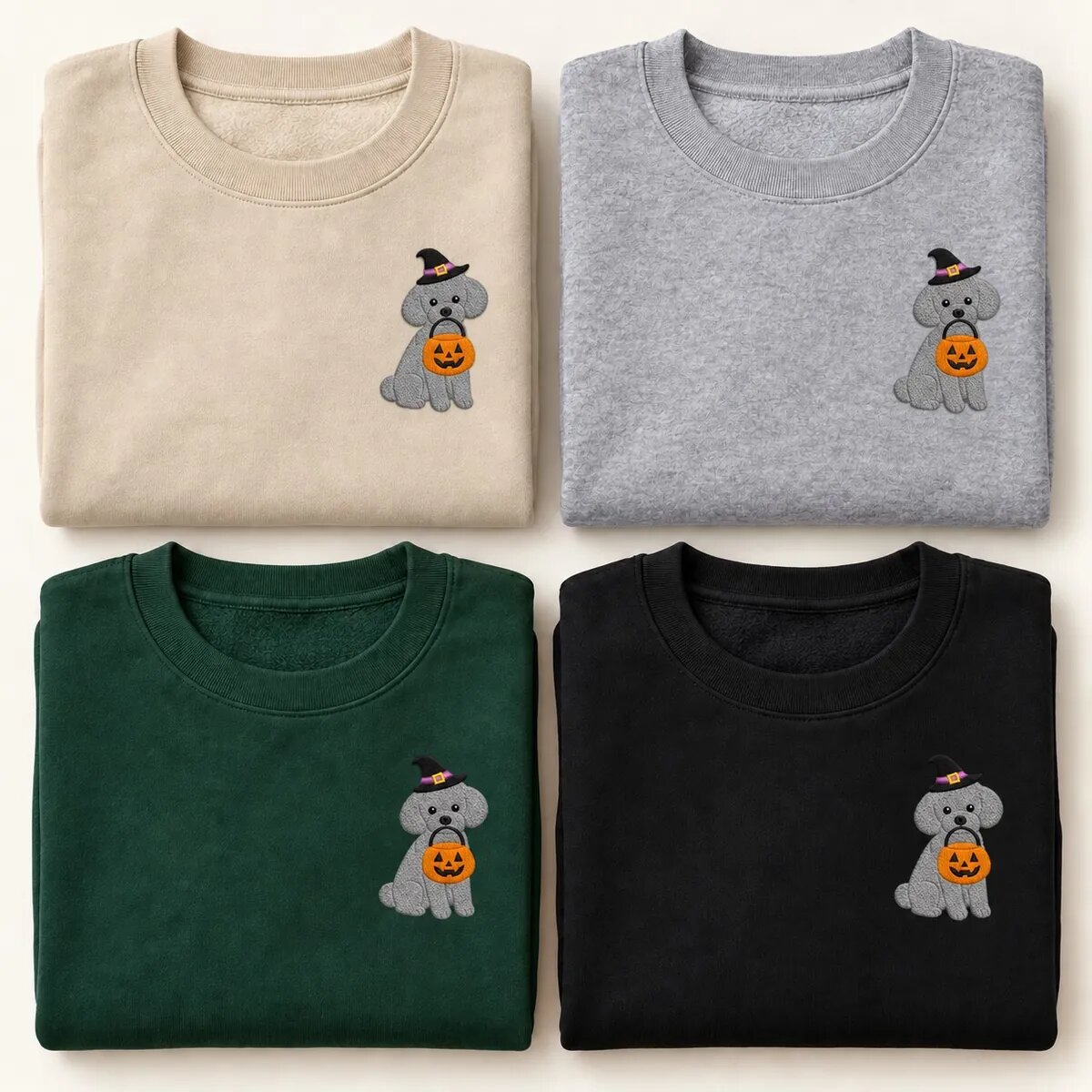 Toy Poodle Halloween Sweatshirt Colors Toy Poodle Halloween sweatshirt in Sand, Sport Grey, Forest Green and Black