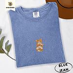 Blue Jean Comfort Colors T-shirt embroidered with two orange tabby kittens, one winking with a paw on the other's head