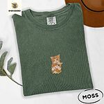 Moss Comfort Colors T-shirt embroidered with two orange tabby kittens, one winking with a paw on the other's head