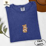 True Navy Comfort Colors T-shirt embroidered with two orange tabby kittens, one winking with a paw on the other's head