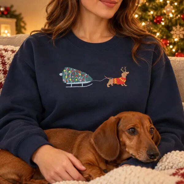 Woman in a Navy wiener dog Christmas sweater sitting by the Christmas tree with her red dachshund