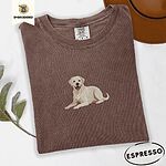 Espresso Comfort Colors T-shirt embroidered with a smiling yellow Labrador lying down with its front paws stretched out