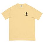 Butter T-shirt on a white background, embroidered with a small golden cartoon Labrador puppy sitting with floppy ears on the left chest