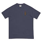 True Navy T-shirt on a white background, embroidered with a small golden cartoon Labrador puppy sitting with floppy ears on the left chest