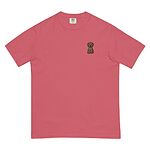Watermelon T-shirt on a white background, embroidered with a small golden cartoon Labrador puppy sitting with floppy ears on the left chest