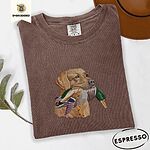 Espresso Comfort Colors T-shirt embroidered with a yellow Labrador head carrying a mallard drake in its mouth