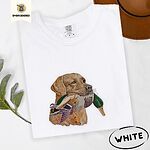 White Comfort Colors T-shirt embroidered with a yellow Labrador head carrying a mallard drake in its mouth