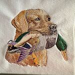 Yellow Labrador carrying a mallard drake, freshly embroidered on white fleece in a green embroidery hoop