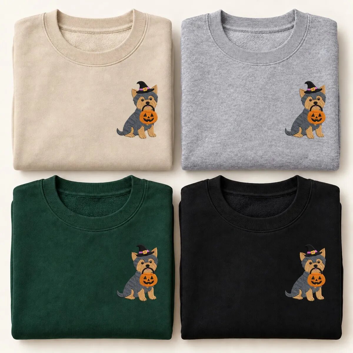 Yorkie Halloween Sweatshirt Colors Yorkie Halloween sweatshirt in Sand, Sport Grey, Forest Green and Black